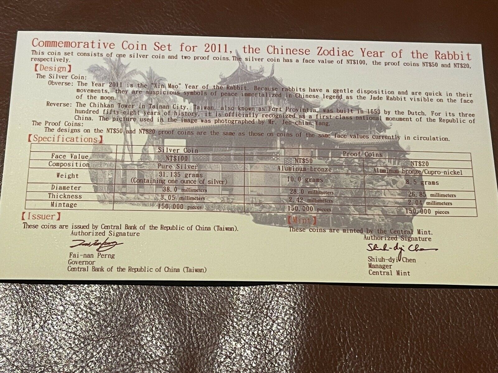 China Taiwan 2011 Lunar Rabbit Zodiac Commemorative Coin Set Silver Coin 1oz COA - Fresh Stock Dated February 2026