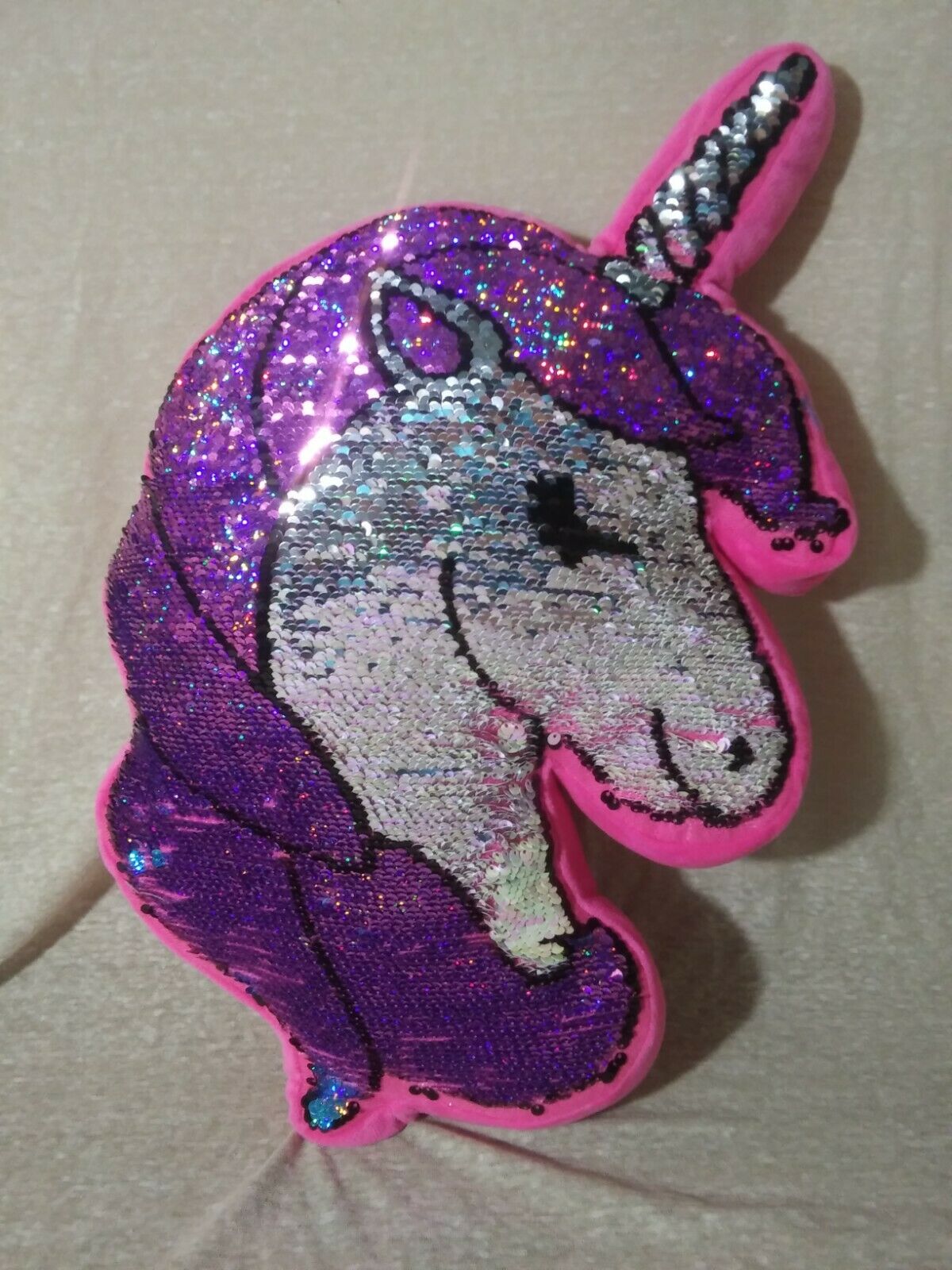 A1  Justice Unicorn Head Pillow Plush, Flip Sequin Color Change - Fresh Stock Dated December 2025