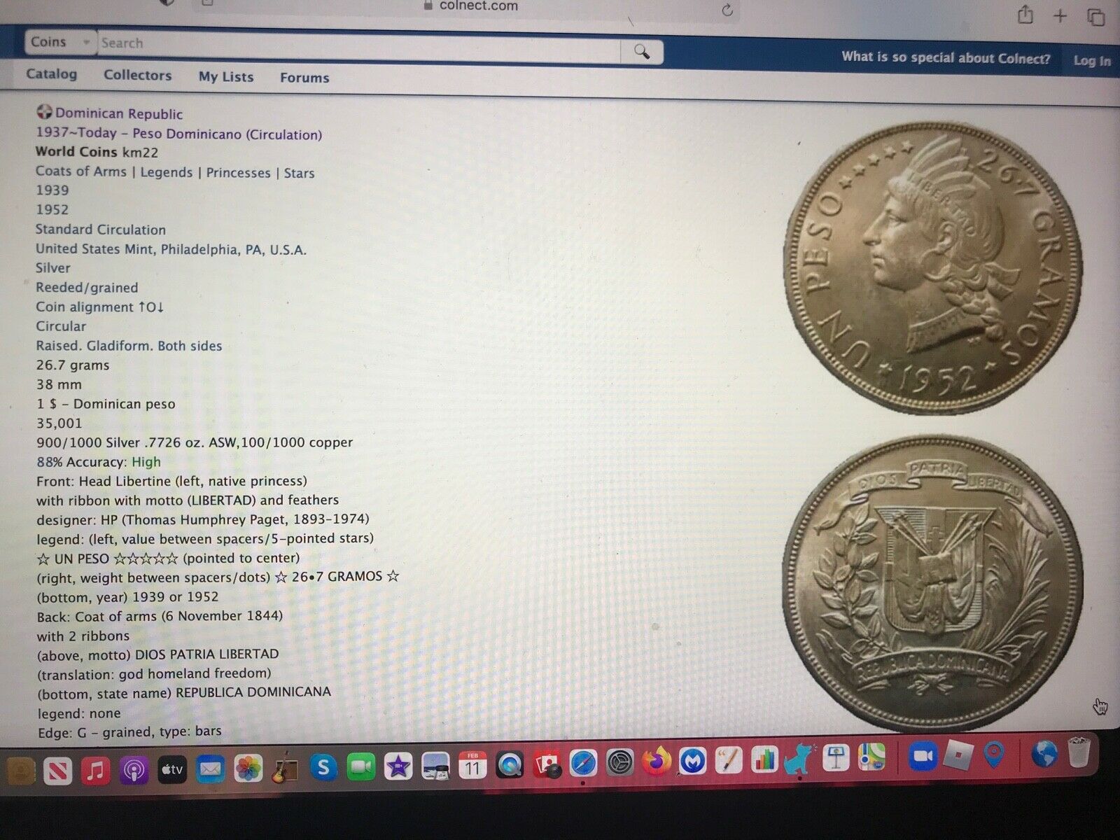 1952 UN PESO DOMINICAN REPUBLIC SILVER COIN 20,000 MINTED - Fresh Stock Dated February 2026