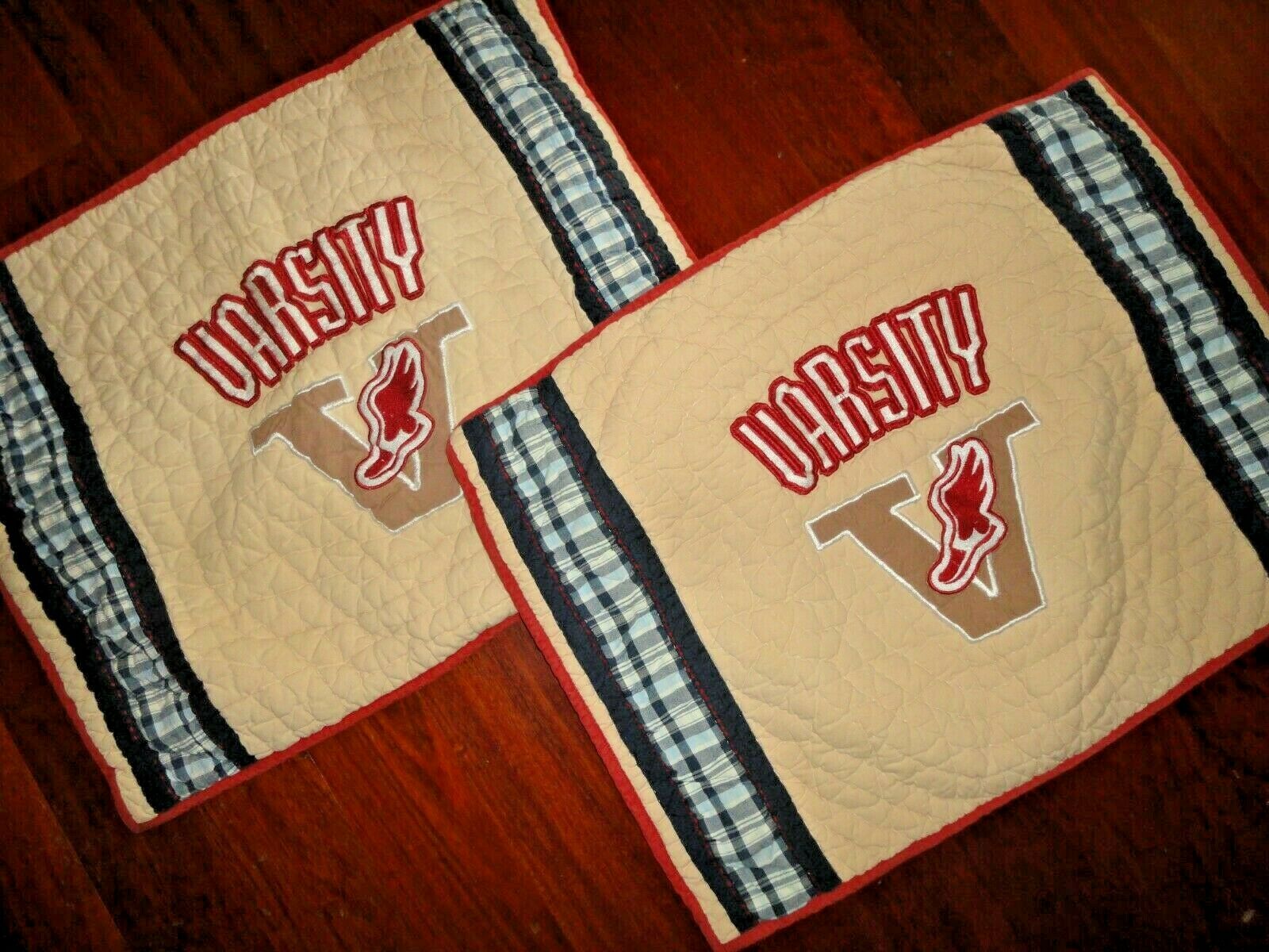 V ARSITY BLUE PLAID TAN RED QUILTED SPORTS (2PC) STANDARD PILLOW SHAMS SET 20X26 - Fresh Stock Dated December 2025