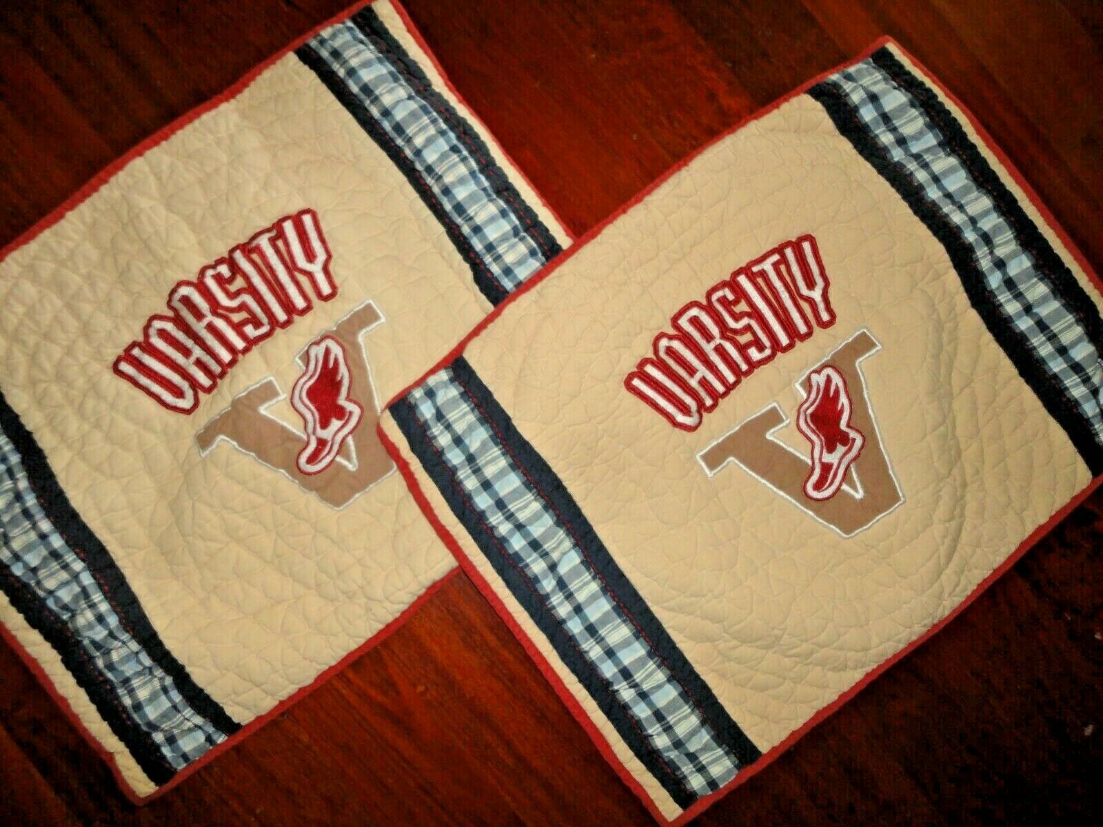 V ARSITY BLUE PLAID TAN RED QUILTED SPORTS (2PC) STANDARD PILLOW SHAMS SET 20X26 - Fresh Stock Dated December 2025