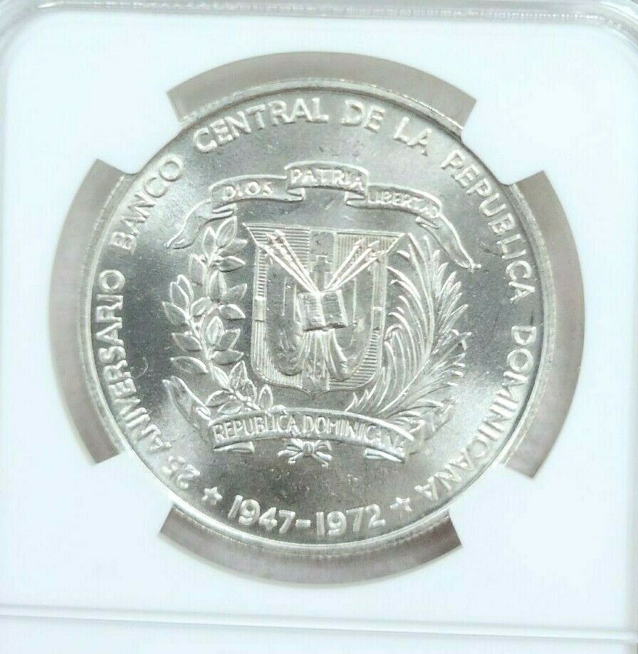 1972 DOMINICAN REPUBLIC SILVER 1 PESO CENTRAL BANK ANNIVERSARY NGC MS 66 GEM BU - Fresh Stock Dated February 2026