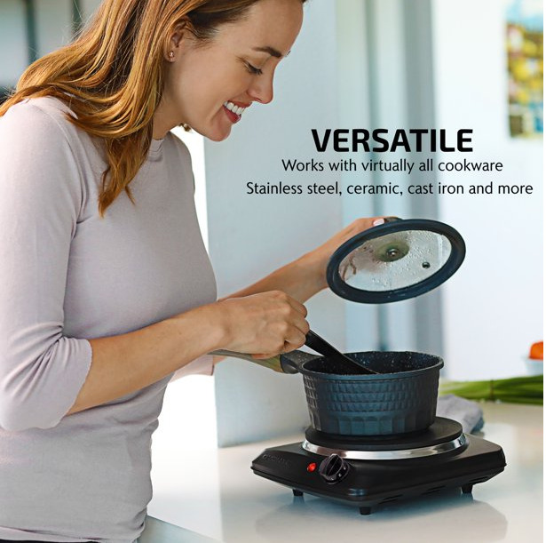 Ovente Electric Cast Iron Burner 7 Inch Single Hot Plate Compact Cooktop BGS101B - Fresh Stock Dated February 2026