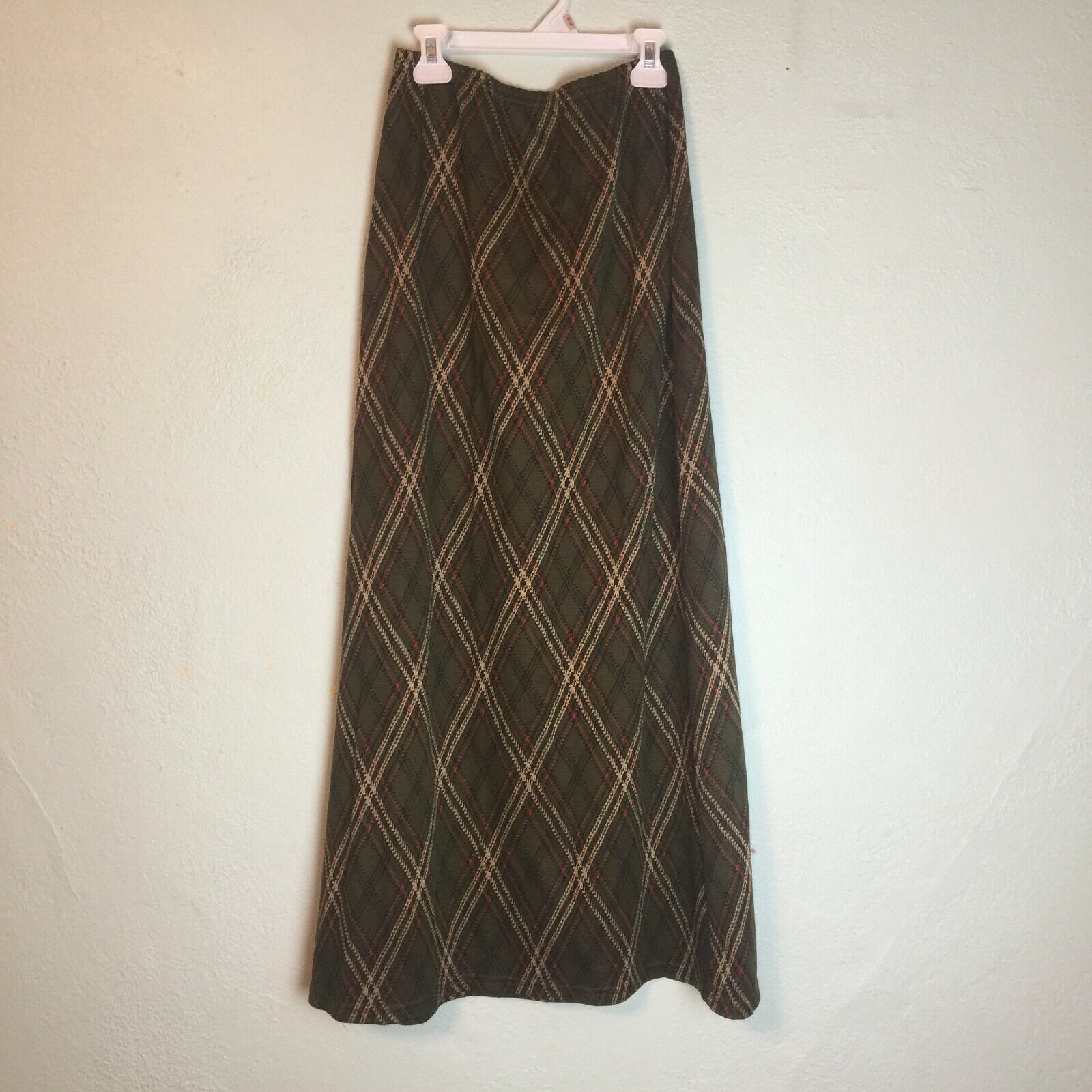 Vintage Long Olive Diamond Plaid Skirt Mind Games by IKE & EDDIE Sz S Small USA - Fresh Stock Dated March 2026