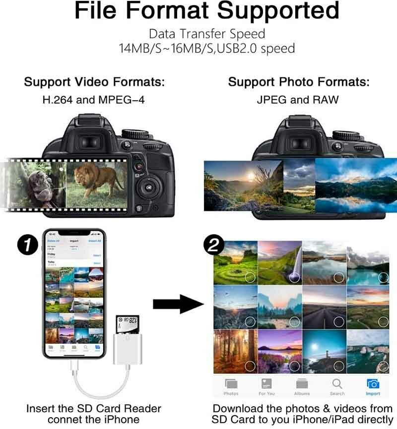 Lightning Apple Ipad Iphone Tail Adapter Upgraded USB 2.0 SD Card Camera Reader - Fresh Stock Dated February 2026