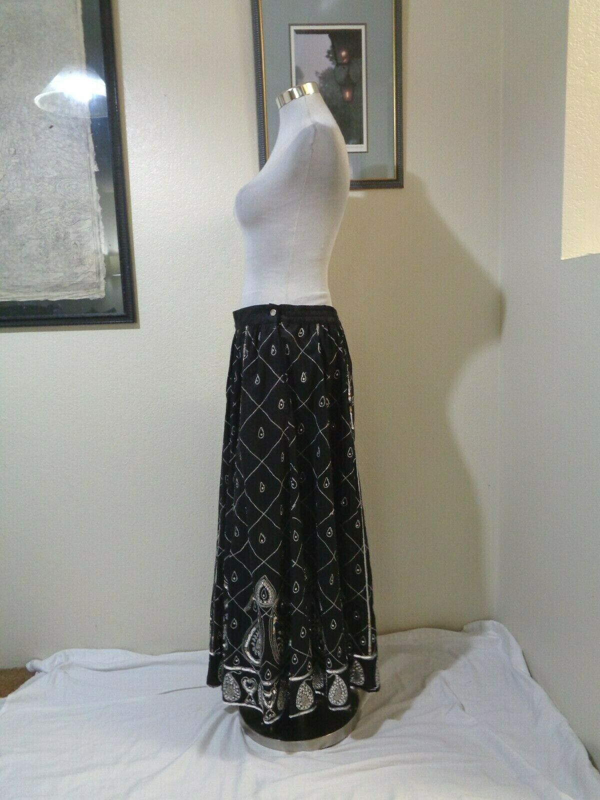 90s LEW MAGRAM BLACK COTTON SILVER METALLIC & SEQUIN/BEAD PAISLEY FULL SKIRT - Fresh Stock Dated February 2026