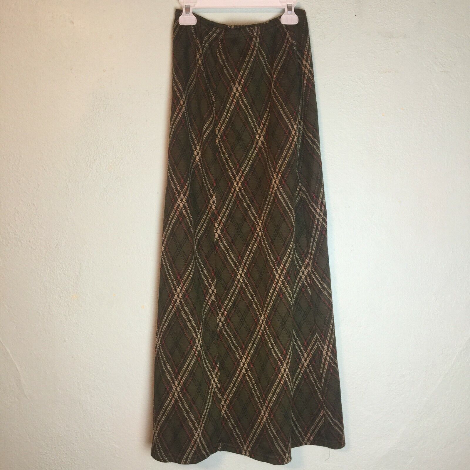 Vintage Long Olive Diamond Plaid Skirt Mind Games by IKE & EDDIE Sz S Small USA - Fresh Stock Dated March 2026