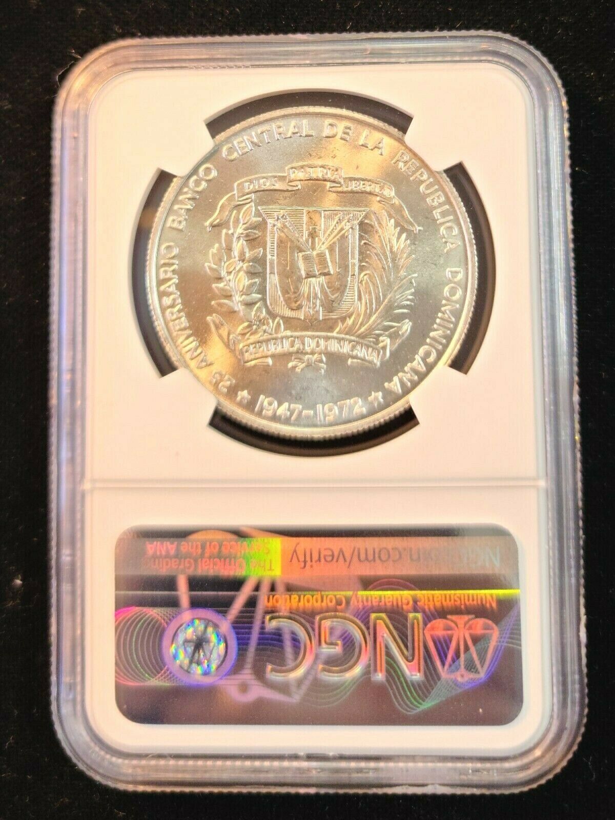 1972 DOMINICAN REPUBLIC SILVER 1 PESO CENTRAL BANK ANNIVERSARY NGC MS 66 GEM BU - Fresh Stock Dated February 2026