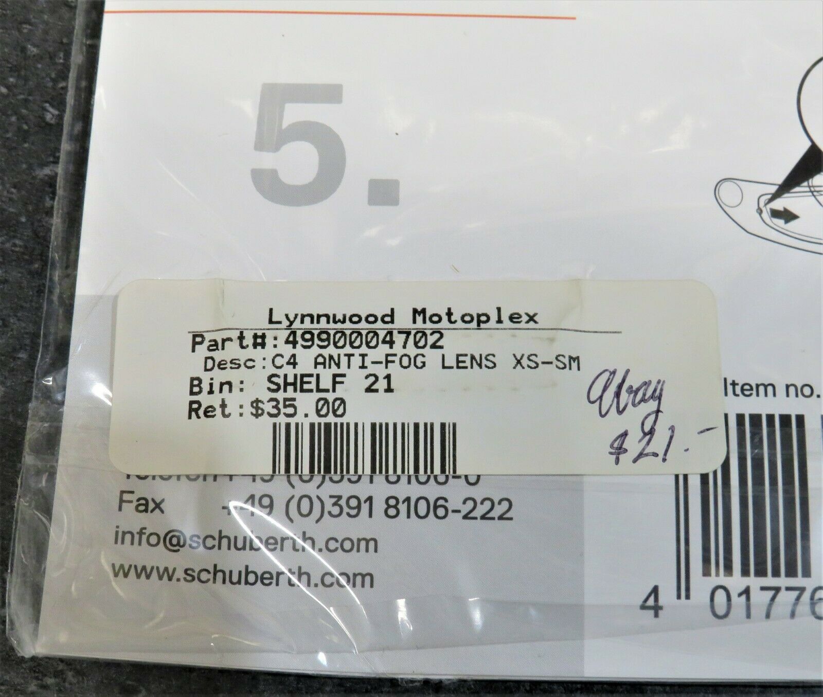 Schuberth C4 Anti Fog Lens (XS-Small) Sale Mfr# 4990004702 - Fresh Stock Dated February 2026
