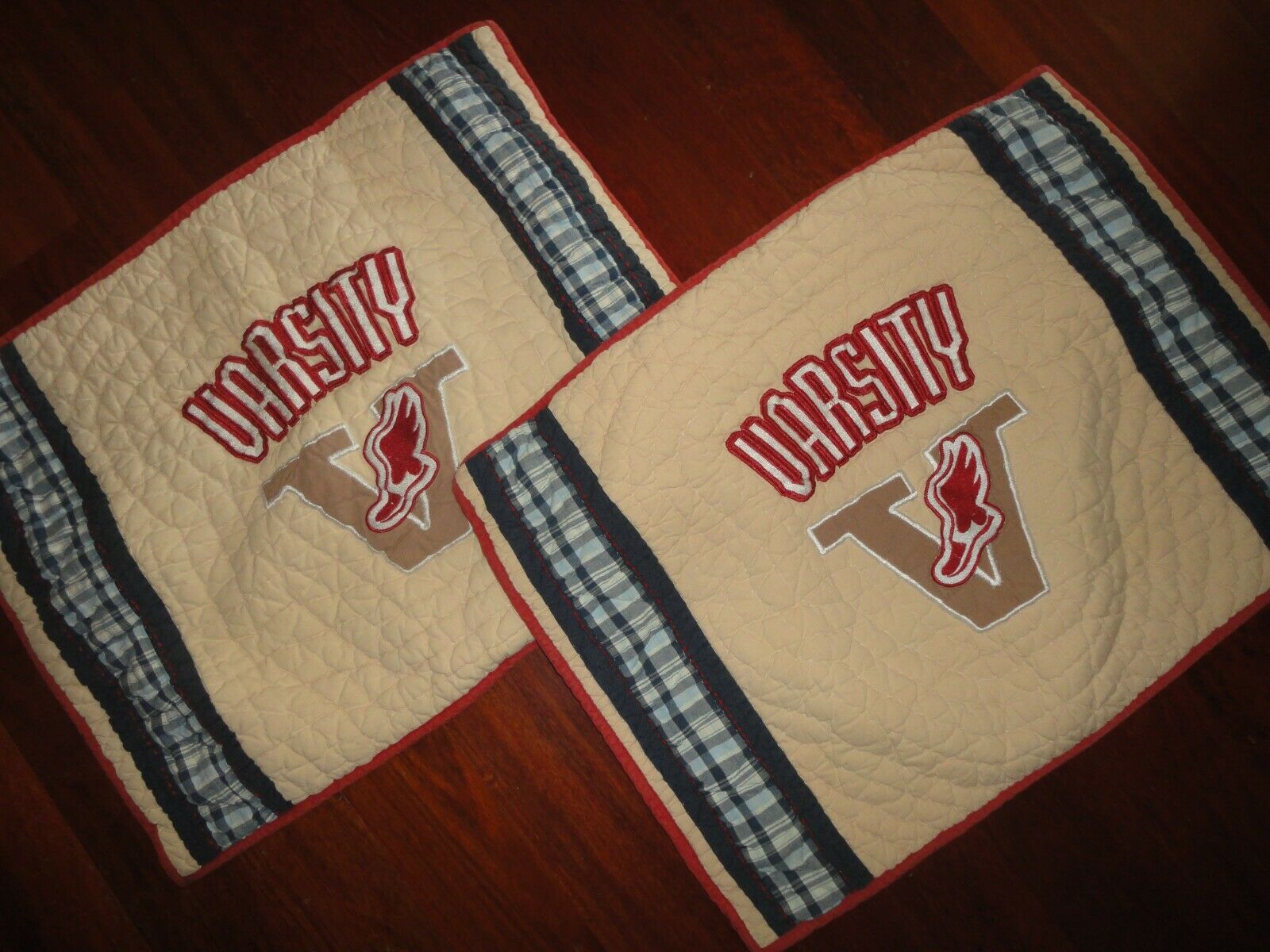 V ARSITY BLUE PLAID TAN RED QUILTED SPORTS (2PC) STANDARD PILLOW SHAMS SET 20X26 - Fresh Stock Dated December 2025