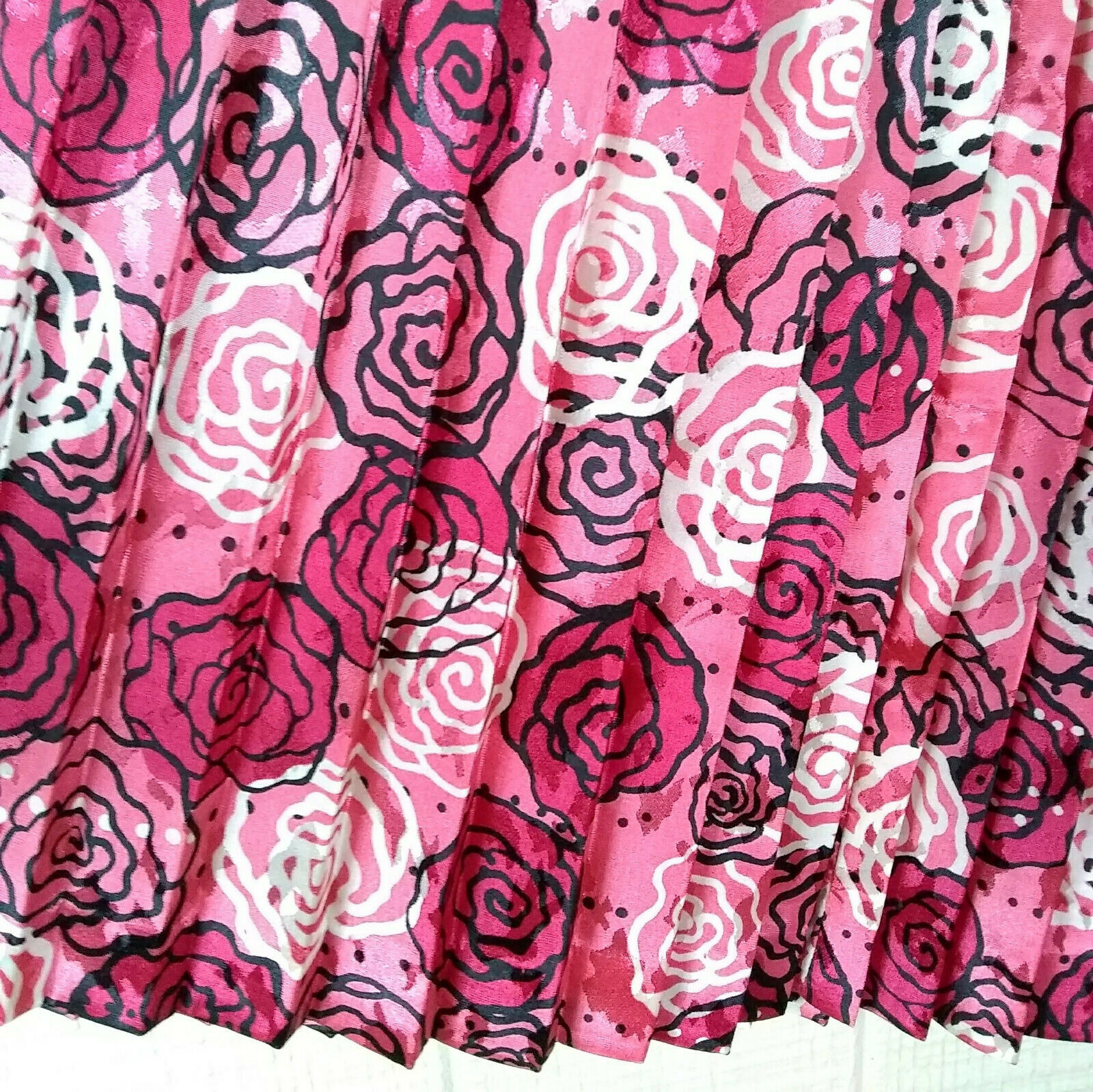 Vintage 80s 90s Pleated Midi Skirt Rose Floral Print Pink Silky Satin 10 - Fresh Stock Dated March 2026