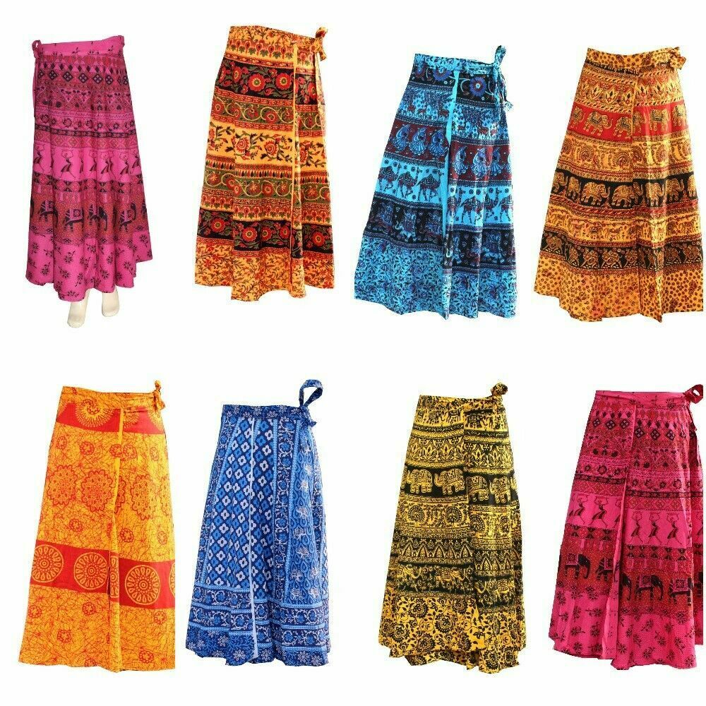 5 PCs Lot Cotton Printed Wrap Around Maxi Long Skirt Sarong Baho Gypsy Hippie - Fresh Stock Dated February 2026