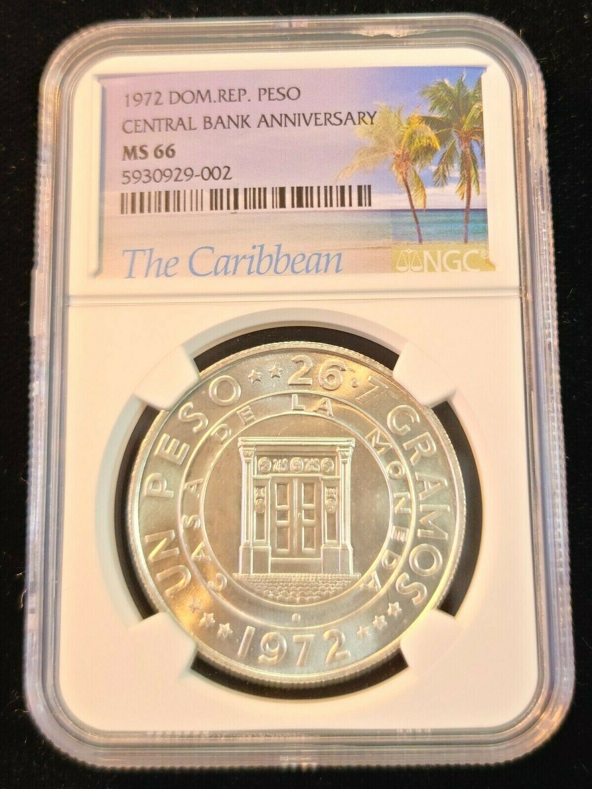 1972 DOMINICAN REPUBLIC SILVER 1 PESO CENTRAL BANK ANNIVERSARY NGC MS 66 GEM BU - Fresh Stock Dated February 2026
