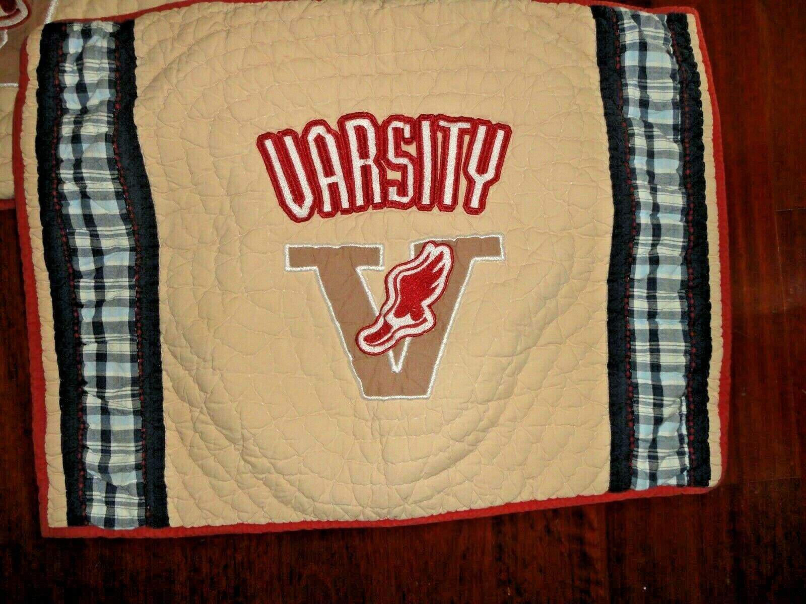V ARSITY BLUE PLAID TAN RED QUILTED SPORTS (2PC) STANDARD PILLOW SHAMS SET 20X26 - Fresh Stock Dated December 2025