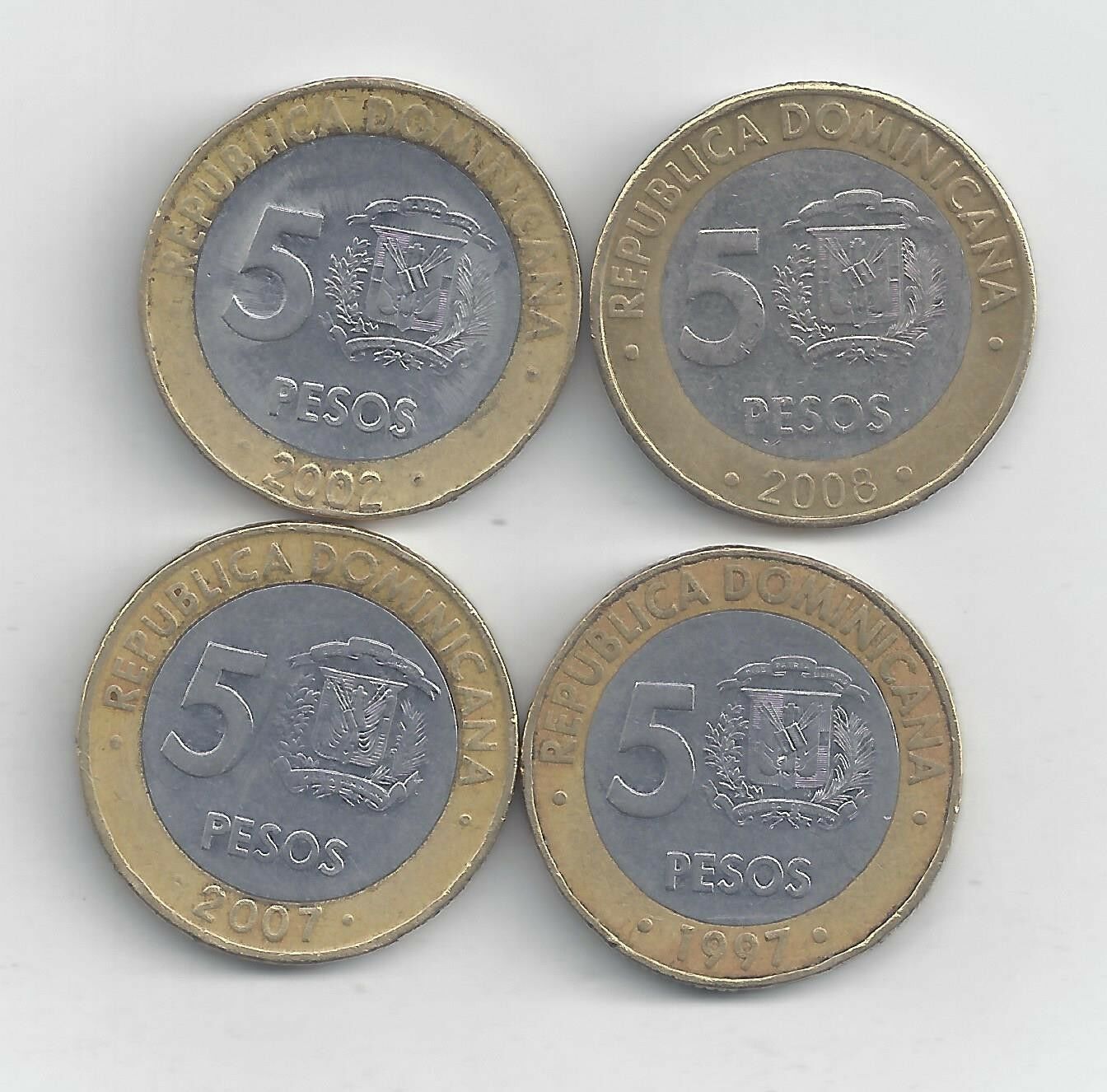 4 BI-METAL 5 PESO COINS from the DOMINICAN REPUBLIC (1997, 2002, 2007 & 2008) - Fresh Stock Dated December 2025