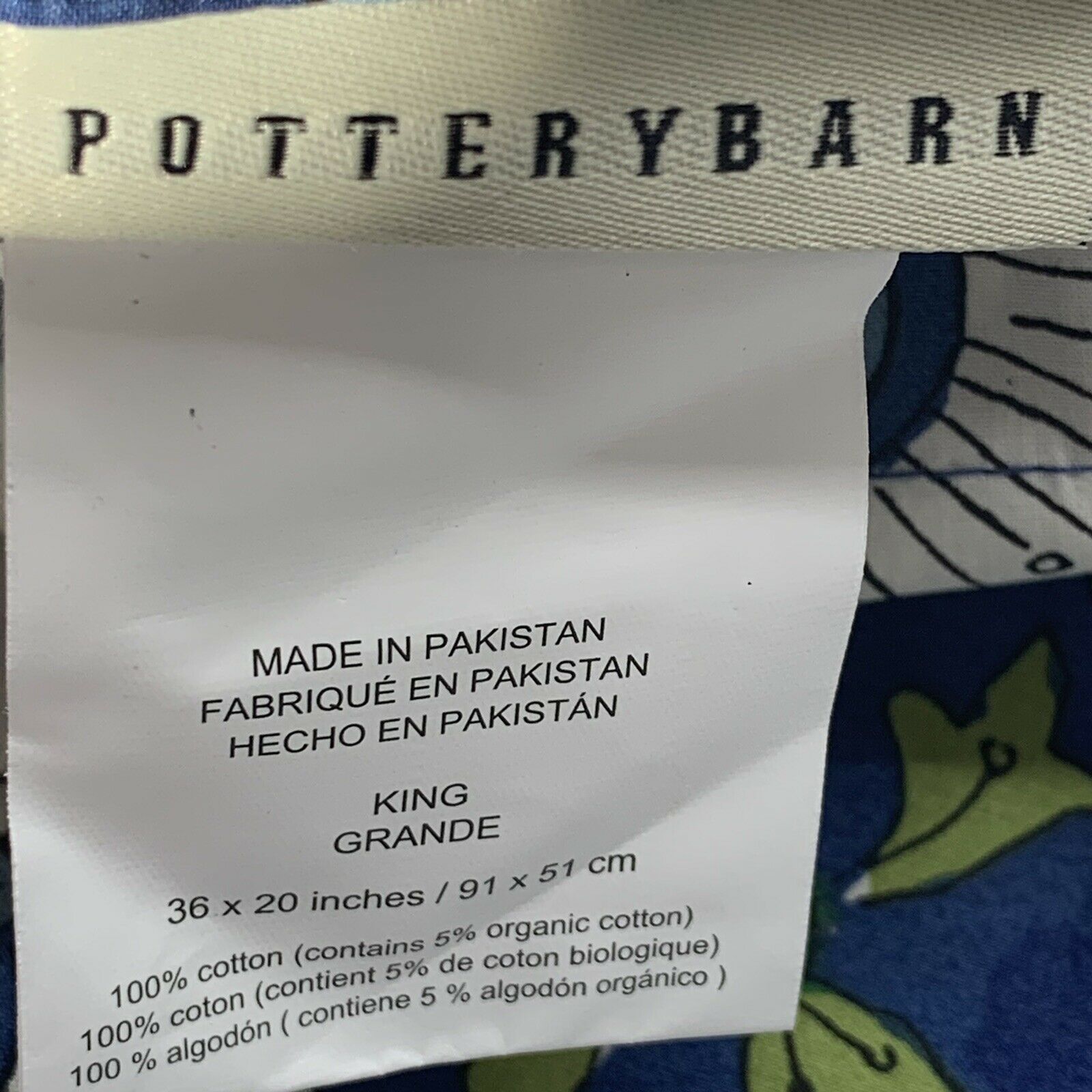 Pottery Barn SOLEIL King Sham Blue & Green Mediterranean Cotton 20x36 NEW - Fresh Stock Dated December 2025