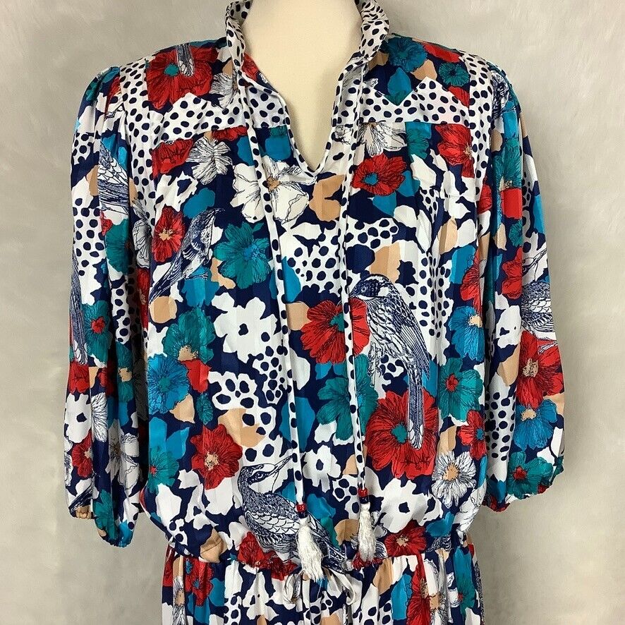 Vintage 80s Diane Freis Blue White Red Floral Bird Print Skirt & Blouse Set - Fresh Stock Dated February 2026