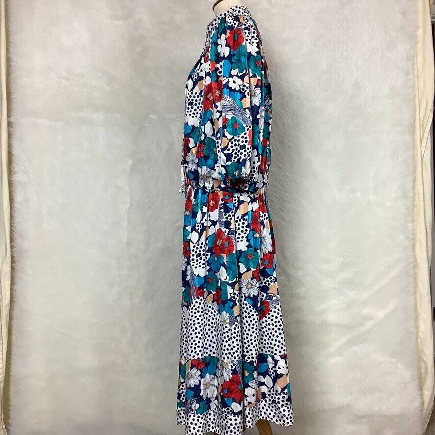 Vintage 80s Diane Freis Blue White Red Floral Bird Print Skirt & Blouse Set - Fresh Stock Dated February 2026