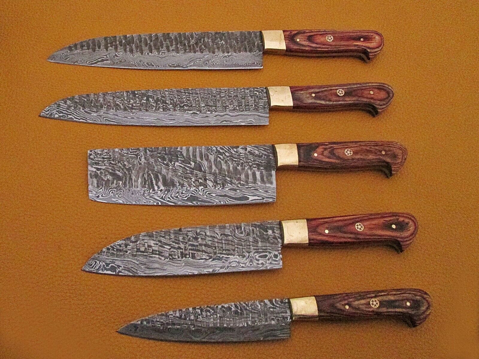 Hand forged hammered Damascus steel 5 piece Kitchen knife set, suede roll sheath - Fresh Stock Dated January 2026