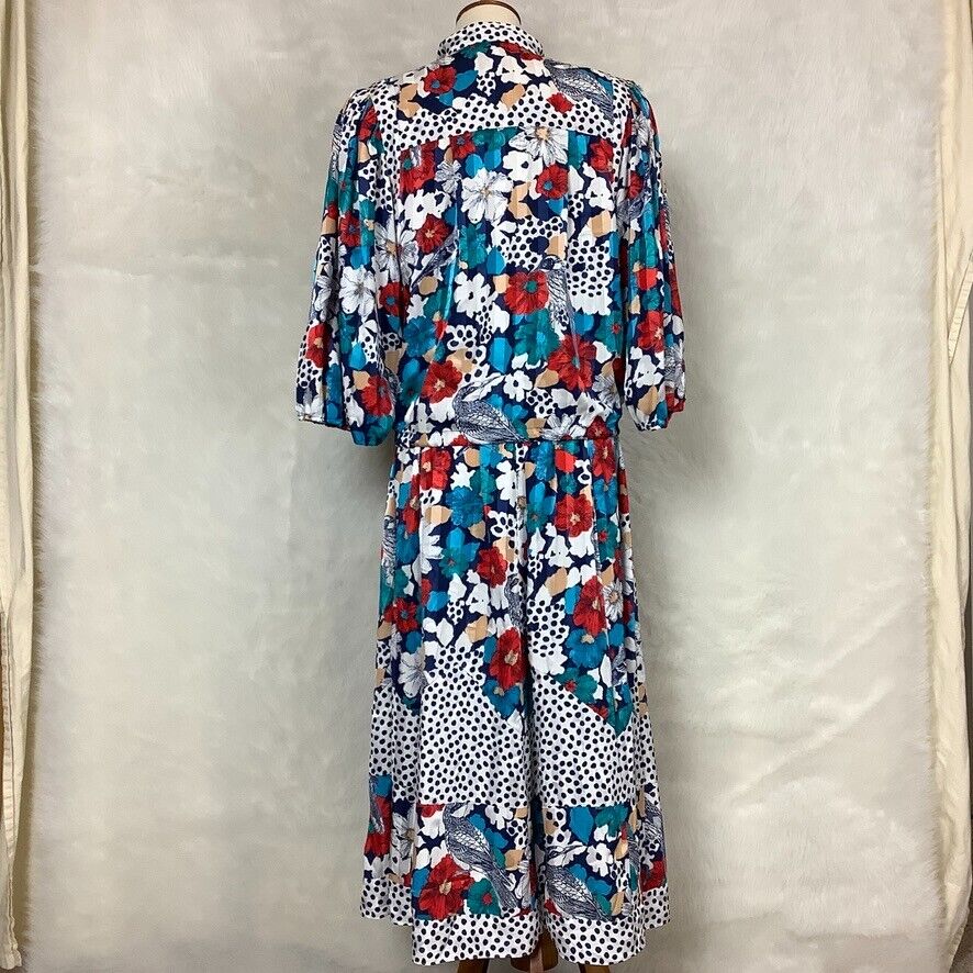 Vintage 80s Diane Freis Blue White Red Floral Bird Print Skirt & Blouse Set - Fresh Stock Dated February 2026