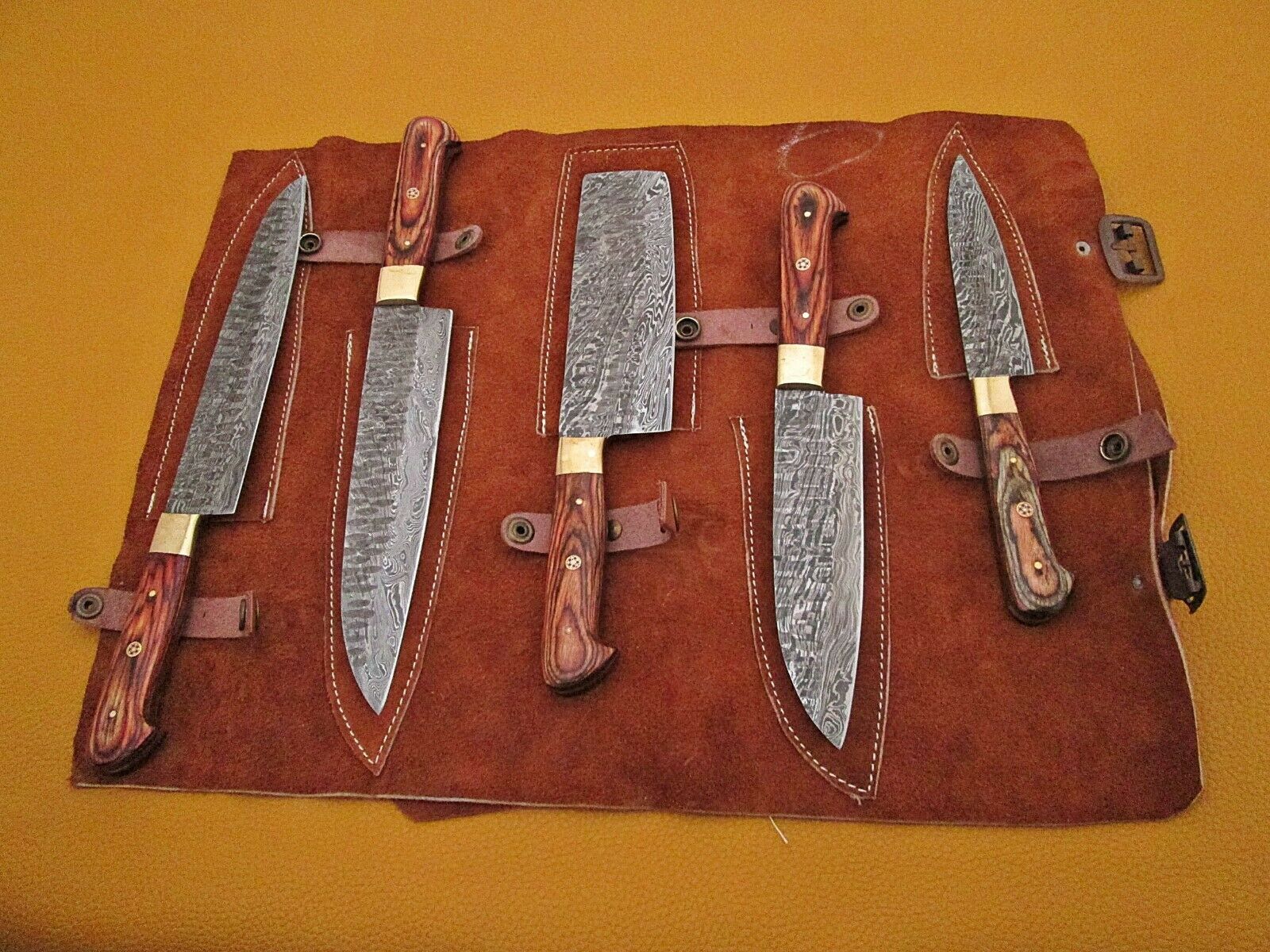 Hand forged hammered Damascus steel 5 piece Kitchen knife set, suede roll sheath - Fresh Stock Dated January 2026