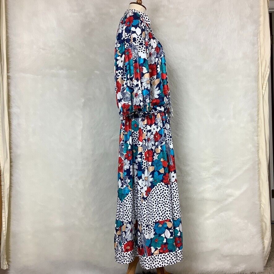 Vintage 80s Diane Freis Blue White Red Floral Bird Print Skirt & Blouse Set - Fresh Stock Dated February 2026