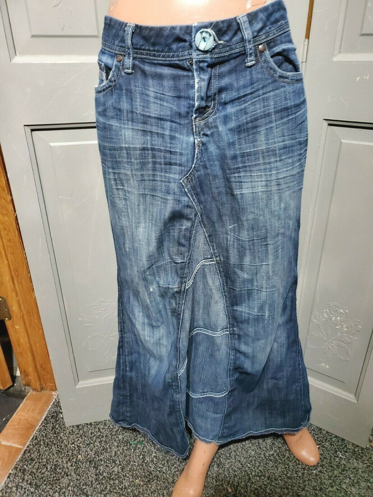 sz 7/8 S vtg maurices Denim Skirt Altered Jeans hippie style maxi low rise boho - Fresh Stock Dated February 2026
