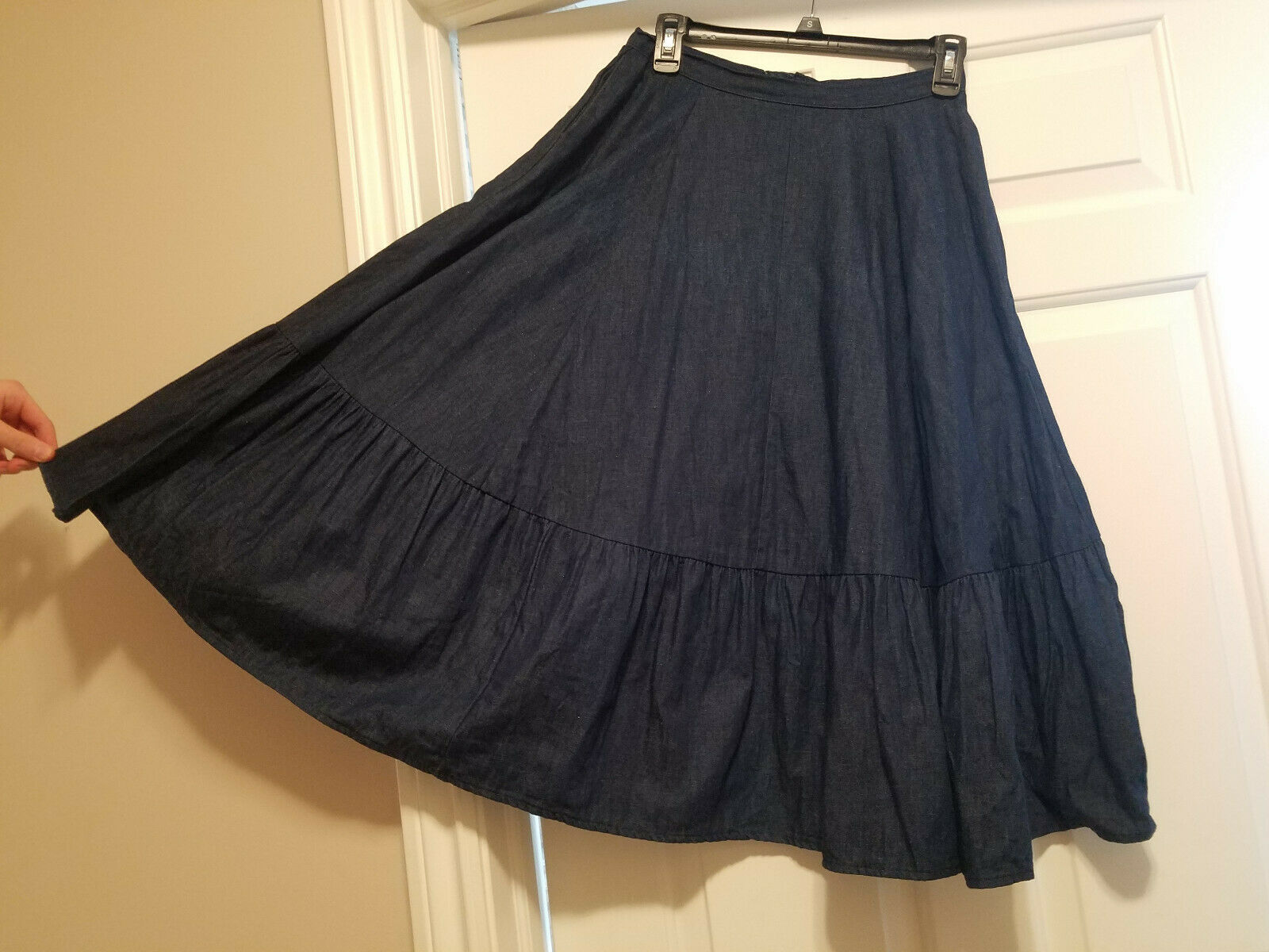 Vtg Faux Blue Jean Full Ruffled Boho Prairie Western Skirt 26