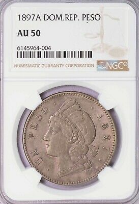 NGC-AU50 1897A DOMINICAN REPUBLIC PESO TONED - Fresh Stock Dated December 2025