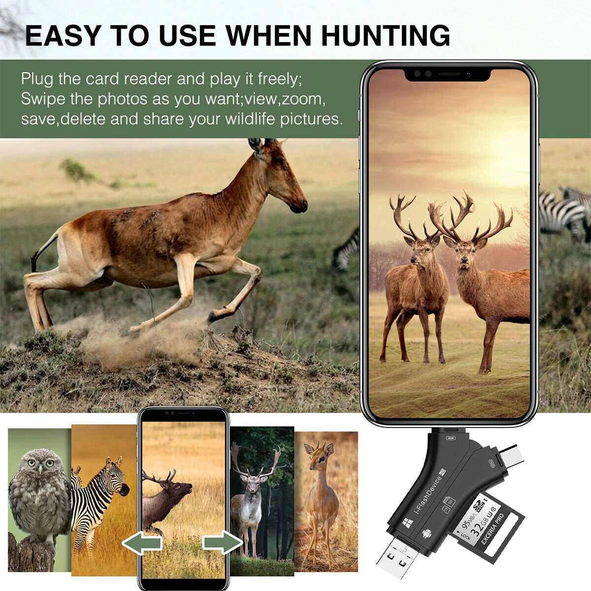 4-IN-1 SD TF Card Trail Camera Viewer Reader for iPhone iPad Mac & Android New - Fresh Stock Dated February 2026