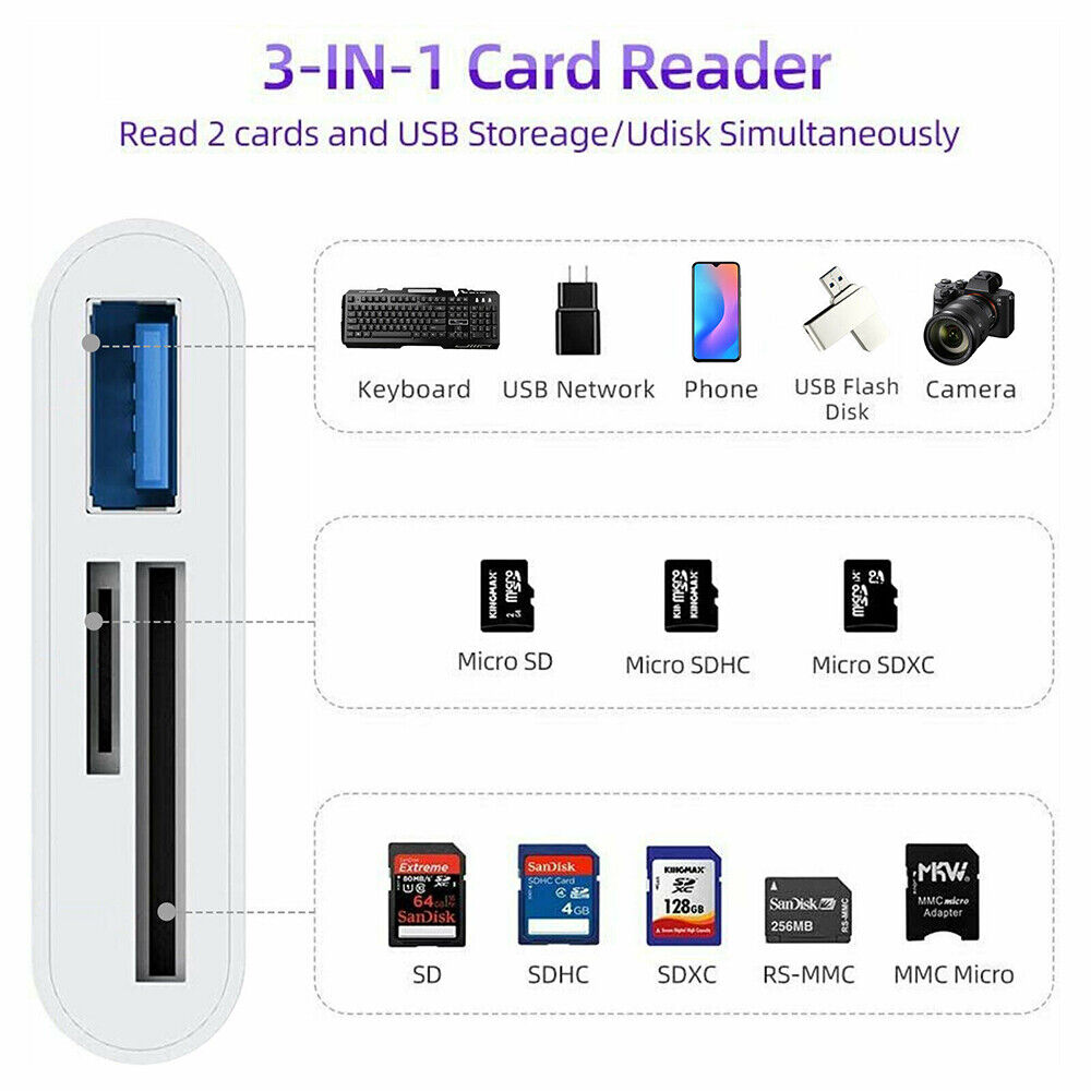3 in 1 Micro SD Card Reader Adapter USB Hub Converter For iPhone iPad Camera US - Fresh Stock Dated February 2026