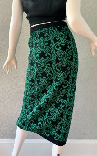 Vintage 80s Retro High Waist Green Baroque Pencil Sweater Midi Skirt XS/S - Fresh Stock Dated March 2026