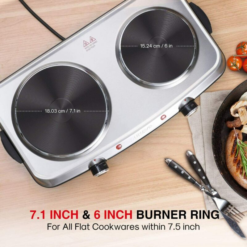 SUNAVO Hot Plates for Cooking, 1800W Electric Double Burner with Silver - Fresh Stock Dated February 2026