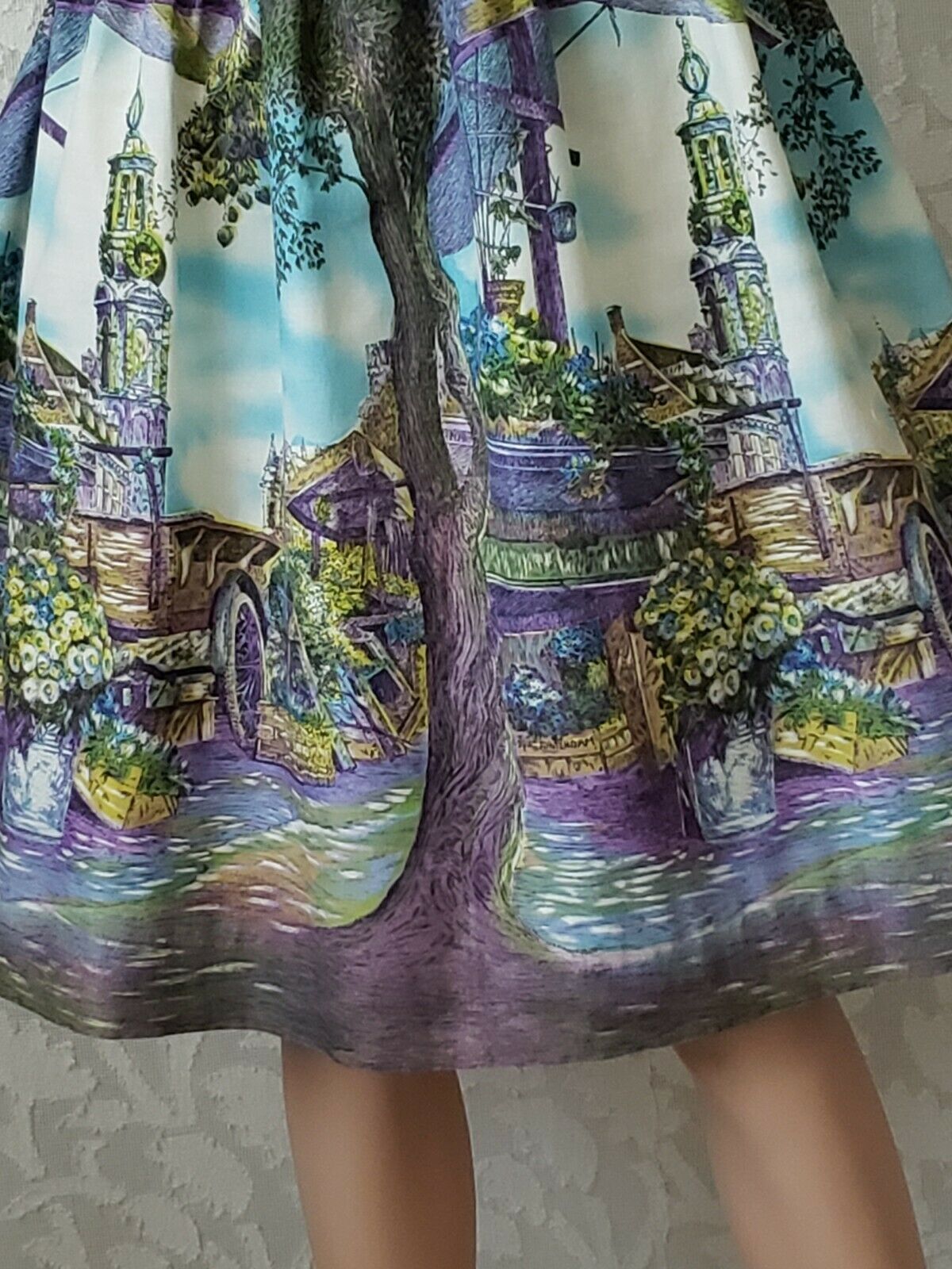 Vtg 50s Dutch Flower Market Cotton Novelty Border Print Full Skirt 27