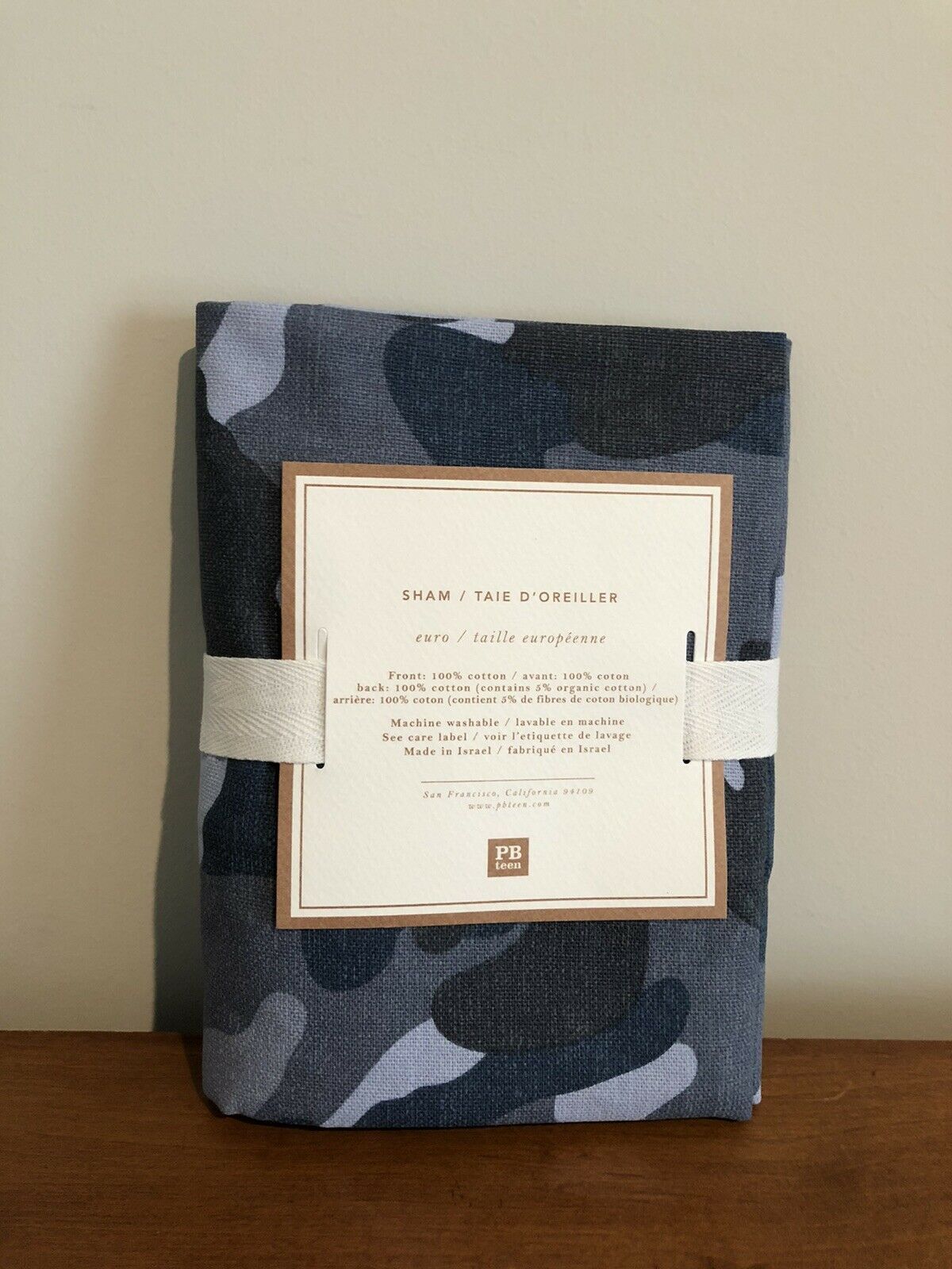 New Pottery Barn Teen Camo Canvas Cotton Euro Sham Blues & Purple/Pink Trim - Fresh Stock Dated December 2025