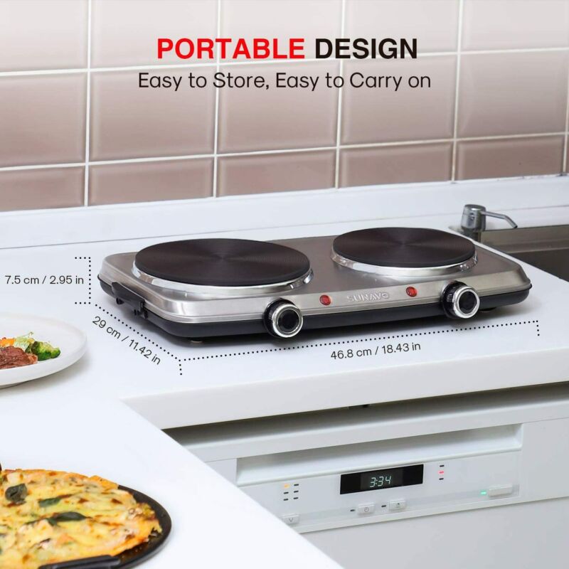 SUNAVO Hot Plates for Cooking, 1800W Electric Double Burner with Silver - Fresh Stock Dated February 2026
