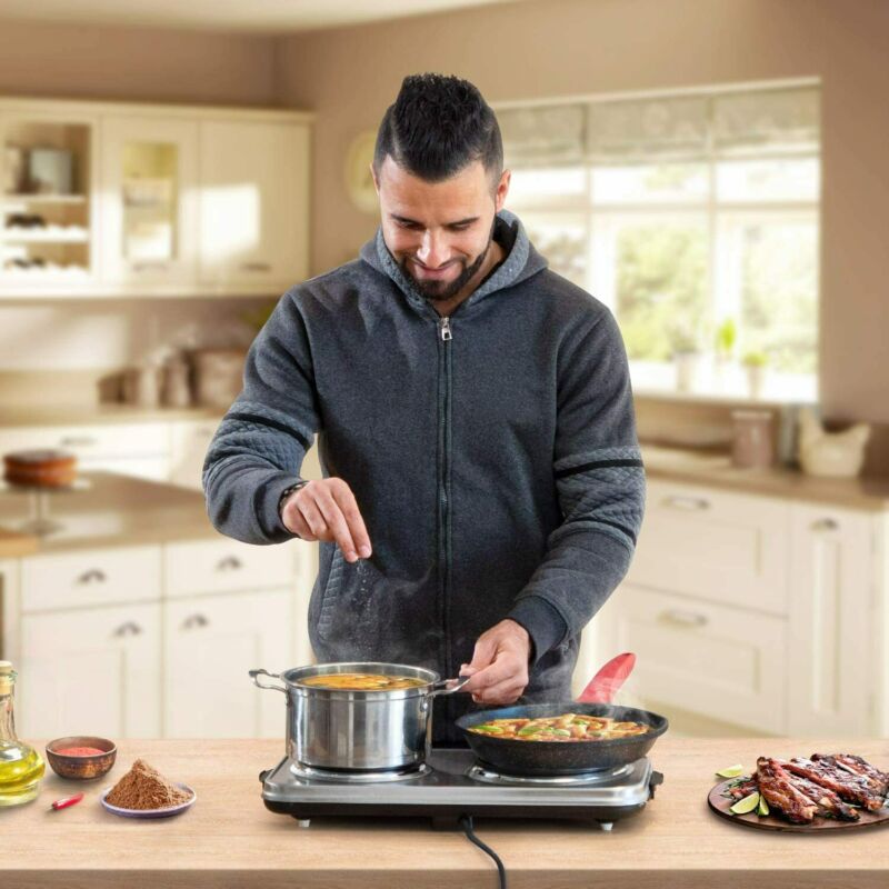 SUNAVO Hot Plates for Cooking, 1800W Electric Double Burner with Silver - Fresh Stock Dated February 2026