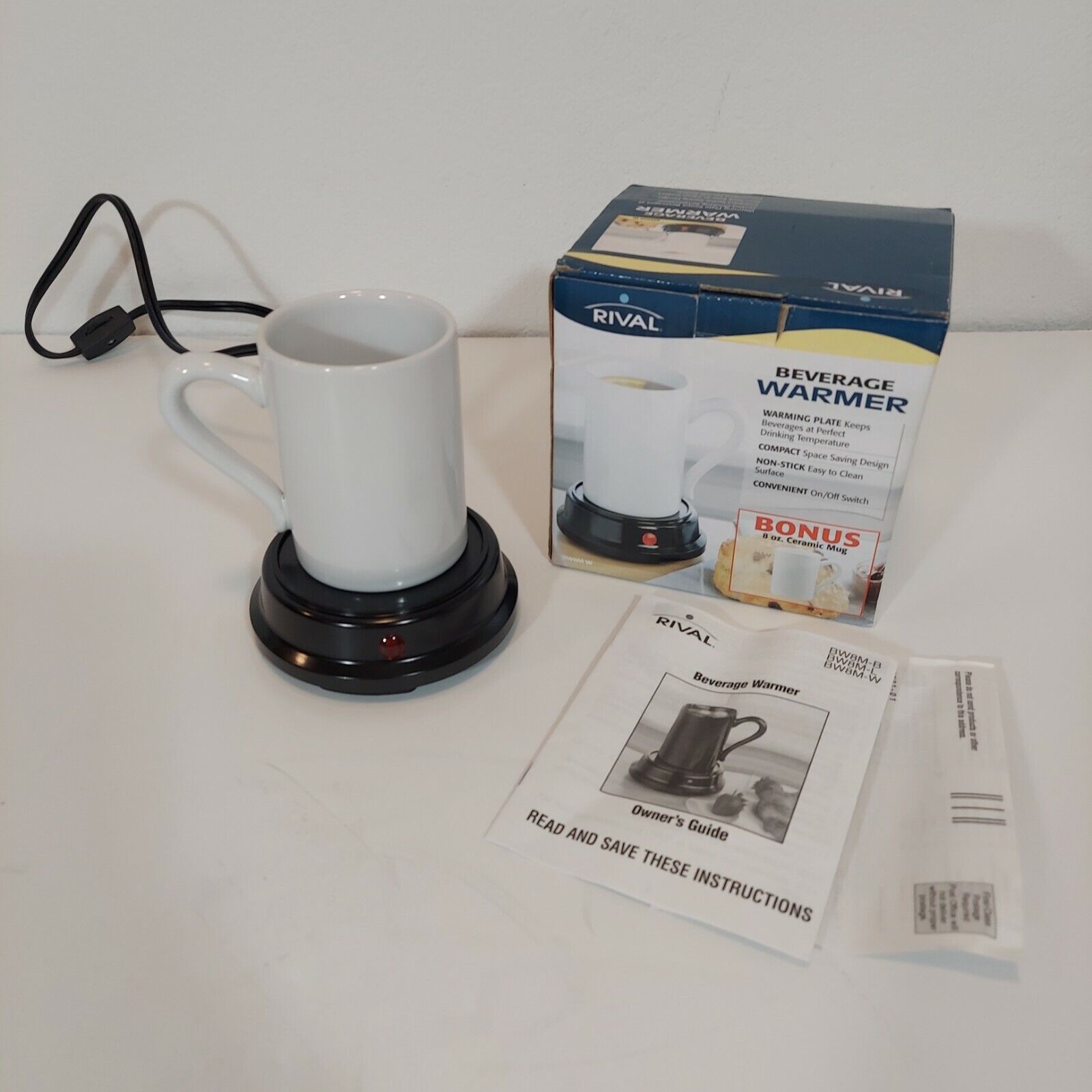 Rival Electric Beverage Warmer 2 Piece Set 8oz White Mug & Black Warming Plate - Fresh Stock Dated February 2026