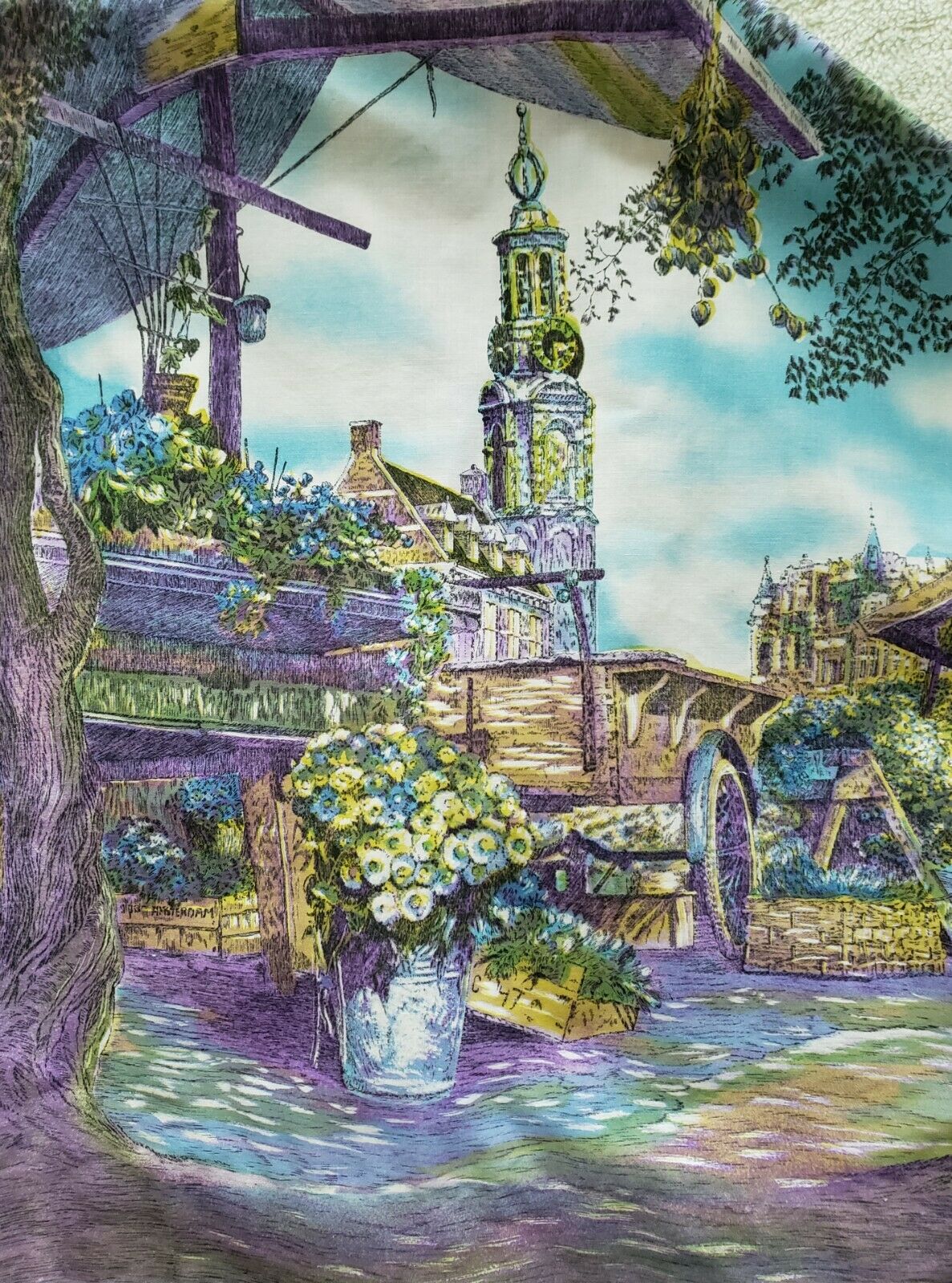 Vtg 50s Dutch Flower Market Cotton Novelty Border Print Full Skirt 27