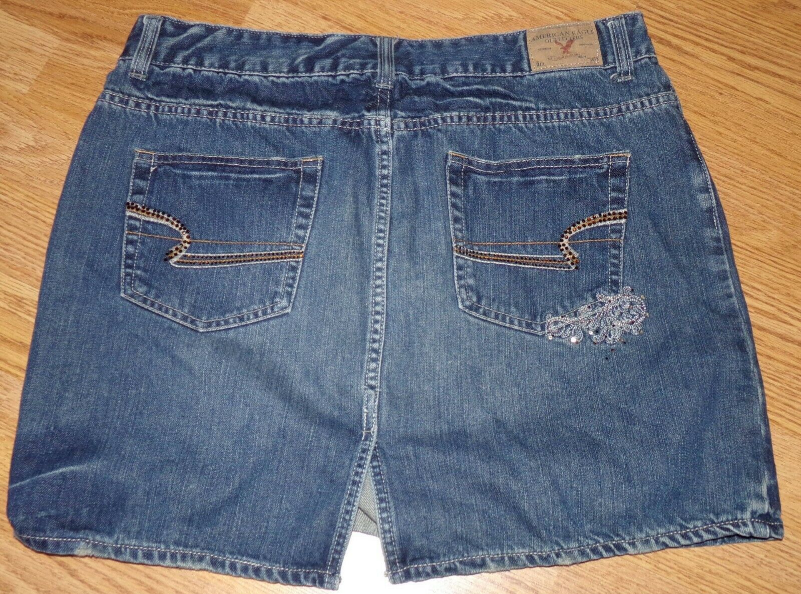 VTG AMERICAN EAGLE WOMENS SIZE 12 DENIM SKIRT EMBROIDER BEADS DISTRESSED - Fresh Stock Dated February 2026