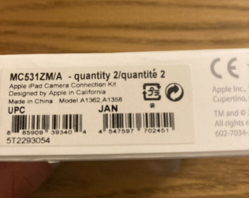 Genuine Apple iPad Camera Connection Kit MC531ZM/A (A1362 & A1358) NEW - Fresh Stock Dated February 2026