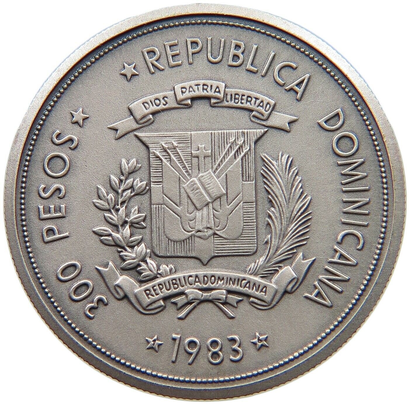DOMINICAN REPUBLIC 300 PESOS 1983 SILVER MATTE PATTERN 31MM 17.2G #t84 099 - Fresh Stock Dated February 2026