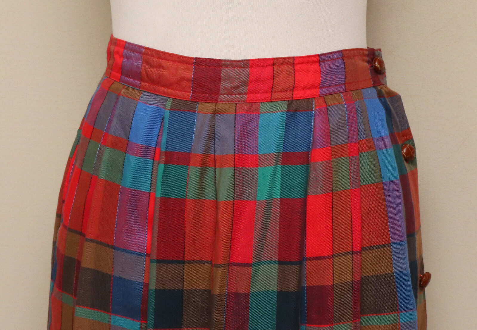 Vintage 1980s Womens Chaus Red/Blue/Brown/Green Plaid Button Side Midi Skirt - Fresh Stock Dated February 2026