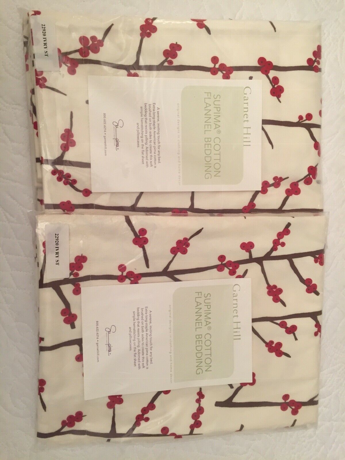 Garnet Hill Red Berry Brown Twig Supima Cotton Flannel Pillow Sham Set (2) NIP - Fresh Stock Dated December 2025