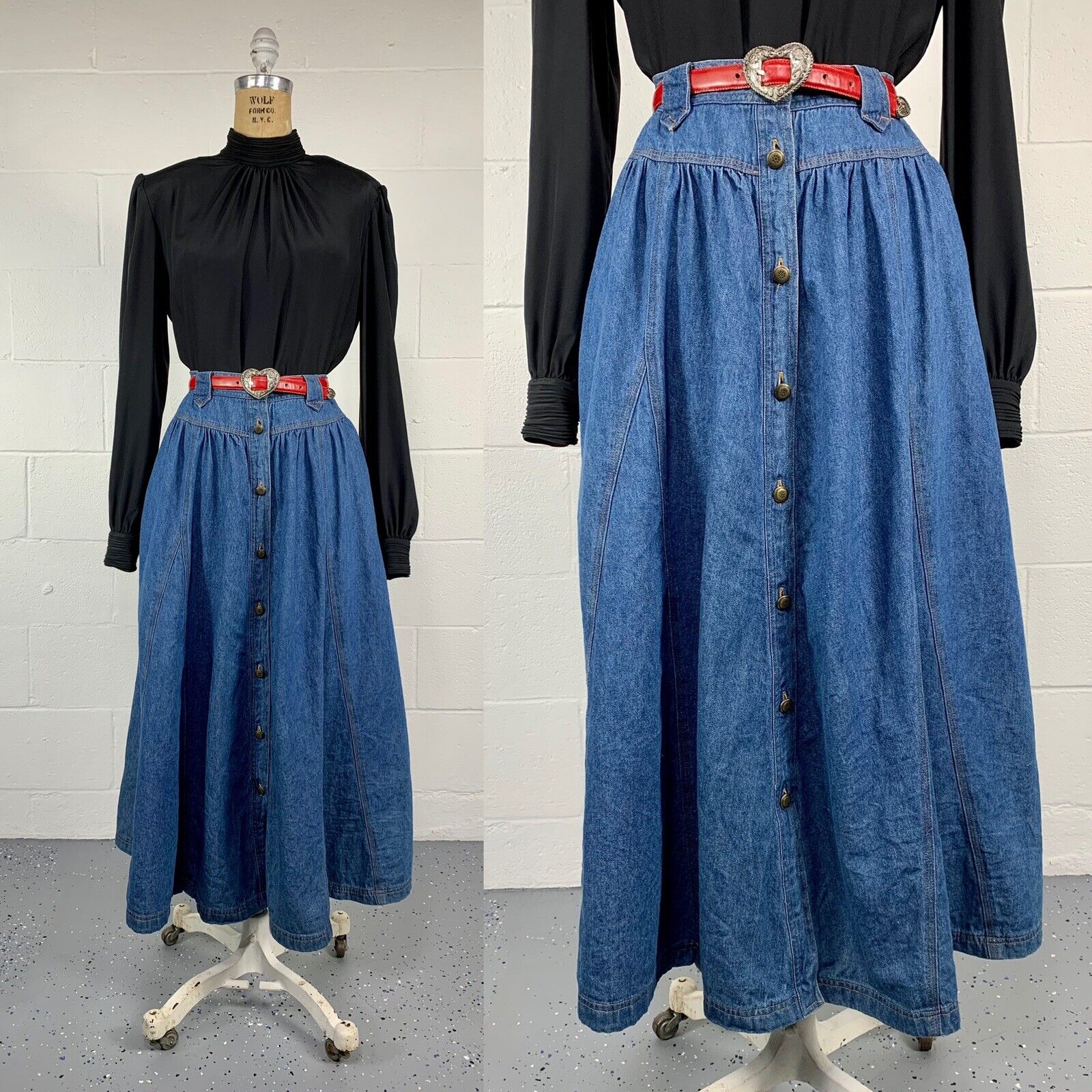 Vintage 80s Volup Denim Box Pleat Prairie Midi Skirt Basque Waist Pockets XL 18 - Fresh Stock Dated March 2026
