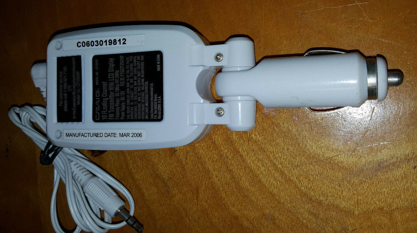 CRAIG FM TRANSMITTER W/LCD DISPLAY CF2028F 10 FLOATING CHANNEL WHITE - Fresh Stock Dated February 2026