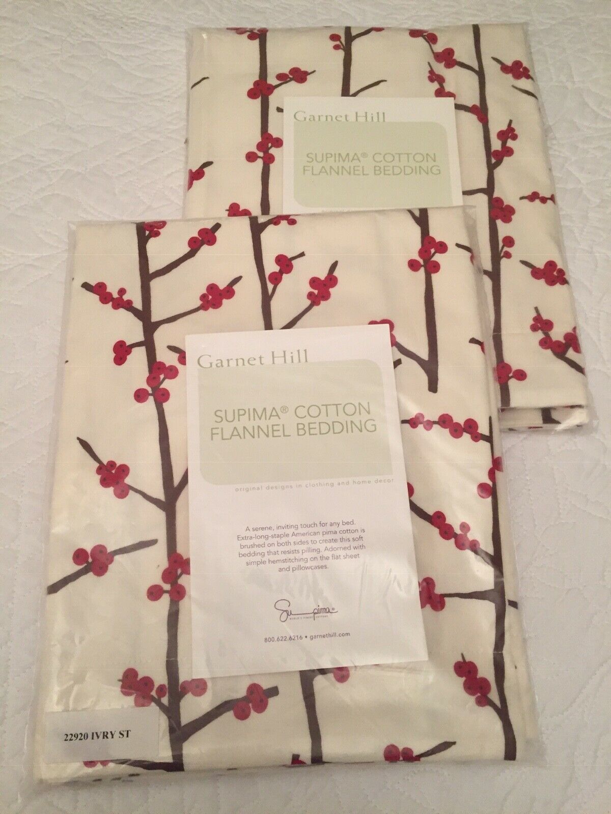 Garnet Hill Red Berry Brown Twig Supima Cotton Flannel Pillow Sham Set (2) NIP - Fresh Stock Dated December 2025