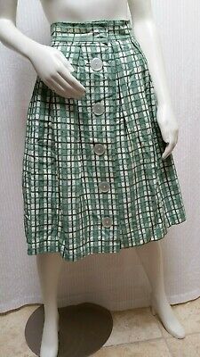 Vintage 50's GREEN & WHITE PLAID BUTTON FRONT FULL SKIRT - Waist 24 inches - Fresh Stock Dated February 2026
