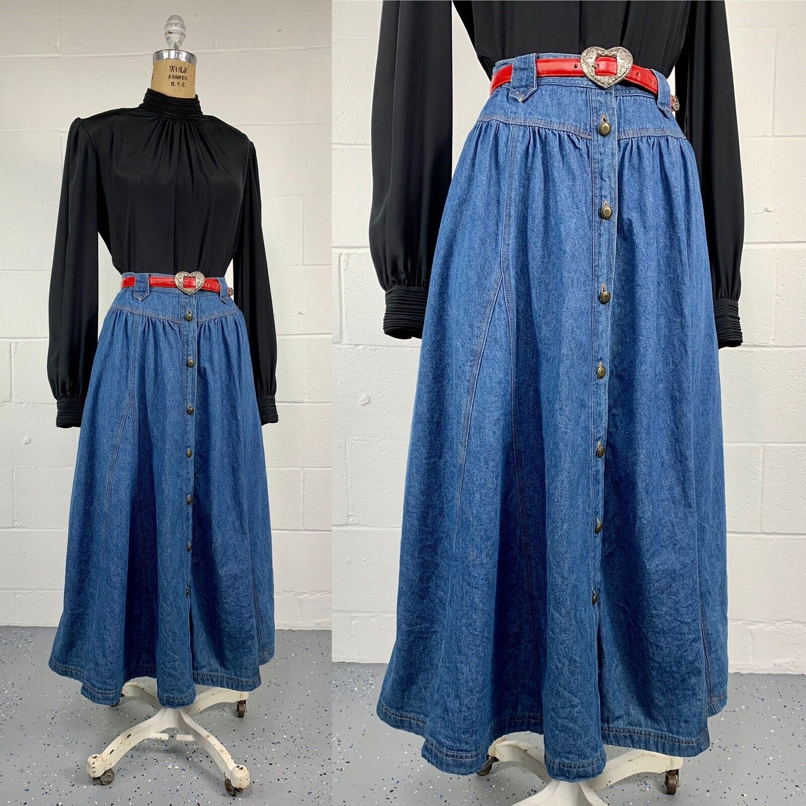 Vintage 80s Volup Denim Box Pleat Prairie Midi Skirt Basque Waist Pockets XL 18 - Fresh Stock Dated March 2026
