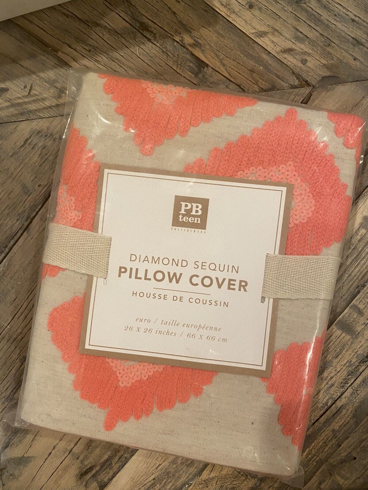 Pottery Barn PB Teen Diamond Sequin Euro Pillow 26” X 26” Cover - Neon Coral - Fresh Stock Dated February 2026